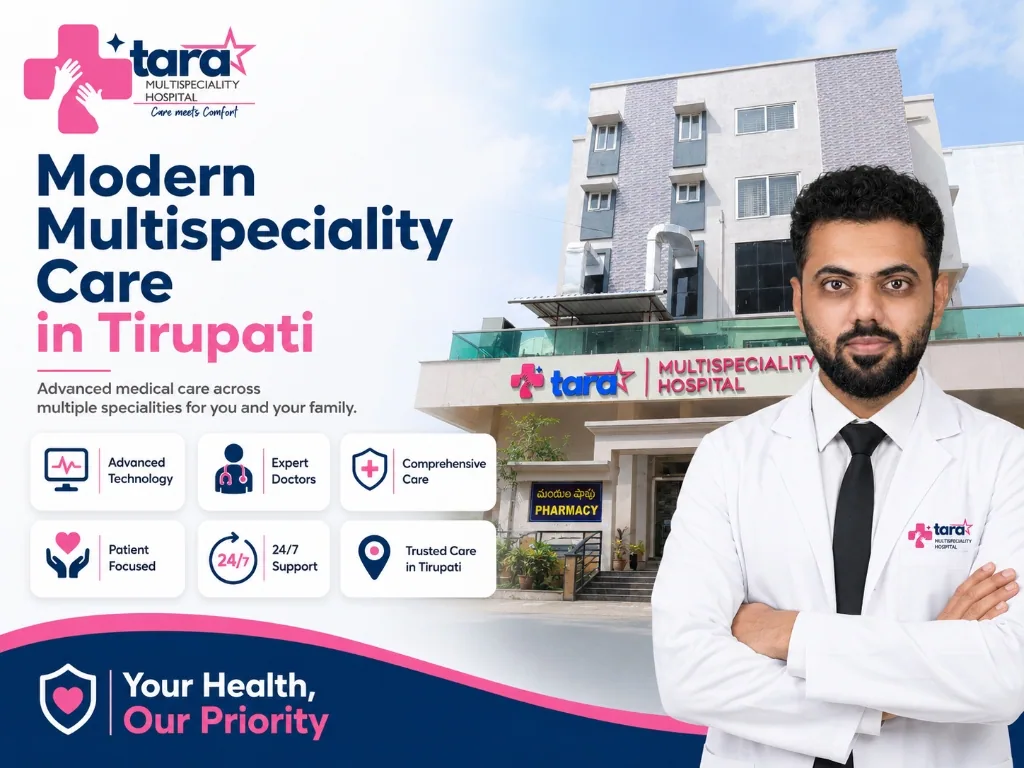 Modern Multispeciality Care in Tirupati - Tara Hospital building and specialist doctor